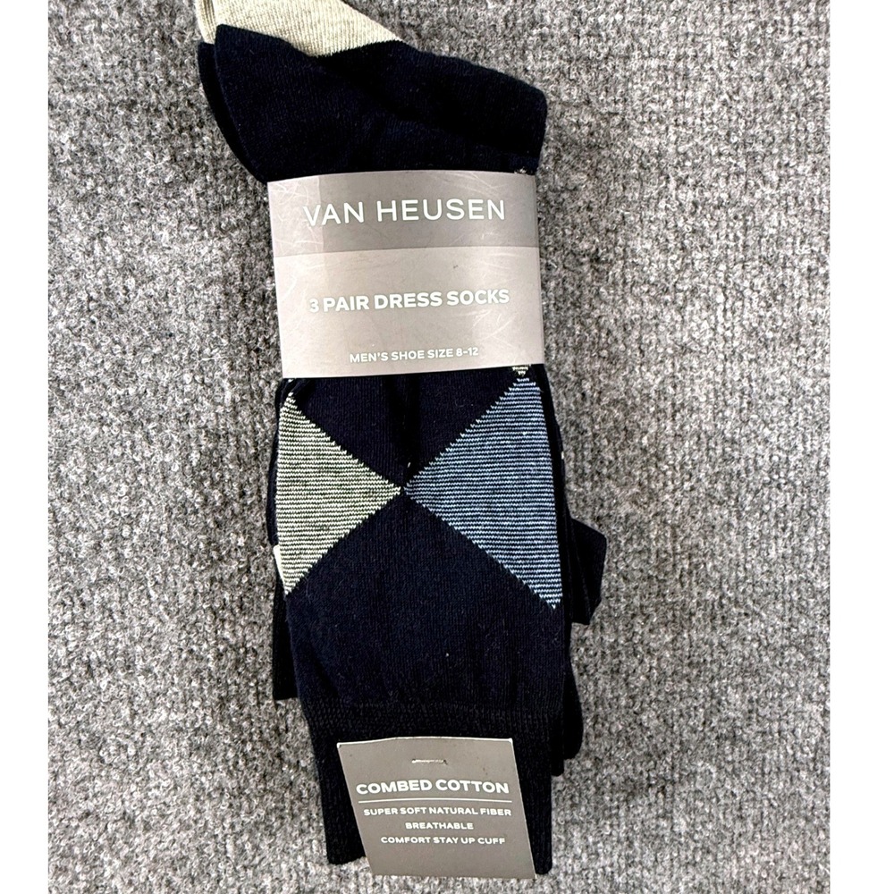 NWT Van Heusen Mens 3 Pair Dress Socks Navy Blue Argyle Cotton Sz 8-12 Stocking
